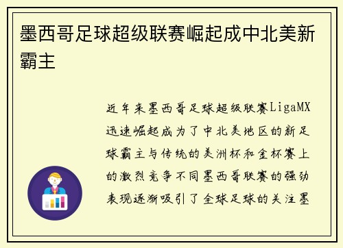 墨西哥足球超级联赛崛起成中北美新霸主 墨西哥足球超级联赛崛起成中北美新霸主