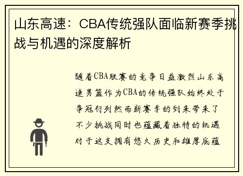 山东高速:CBA传统强队面临新赛季挑战与机遇的深度解析 山东高速:CBA传统强队面临新赛季挑战与机遇的深度解析