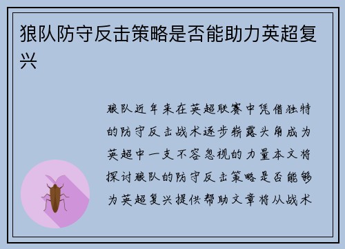 狼队防守反击策略是否能助力英超复兴
