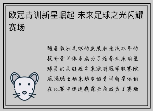 欧冠青训新星崛起 未来足球之光闪耀赛场